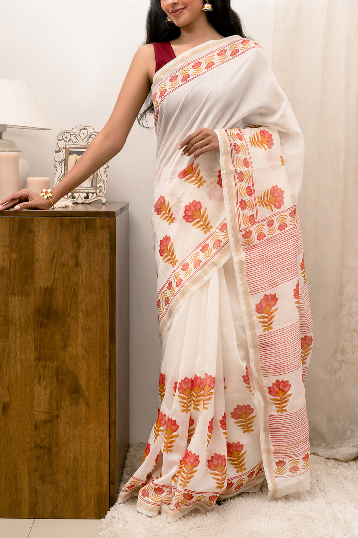 Teejh Baag-E-Gulaab Red and Caramel Block Print Chanderi Silk Saree