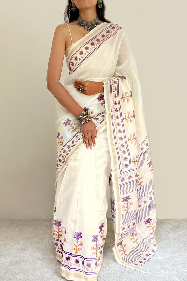 Teejh Vanyaa Purple and Off White Block Print Chanderi Silk Saree