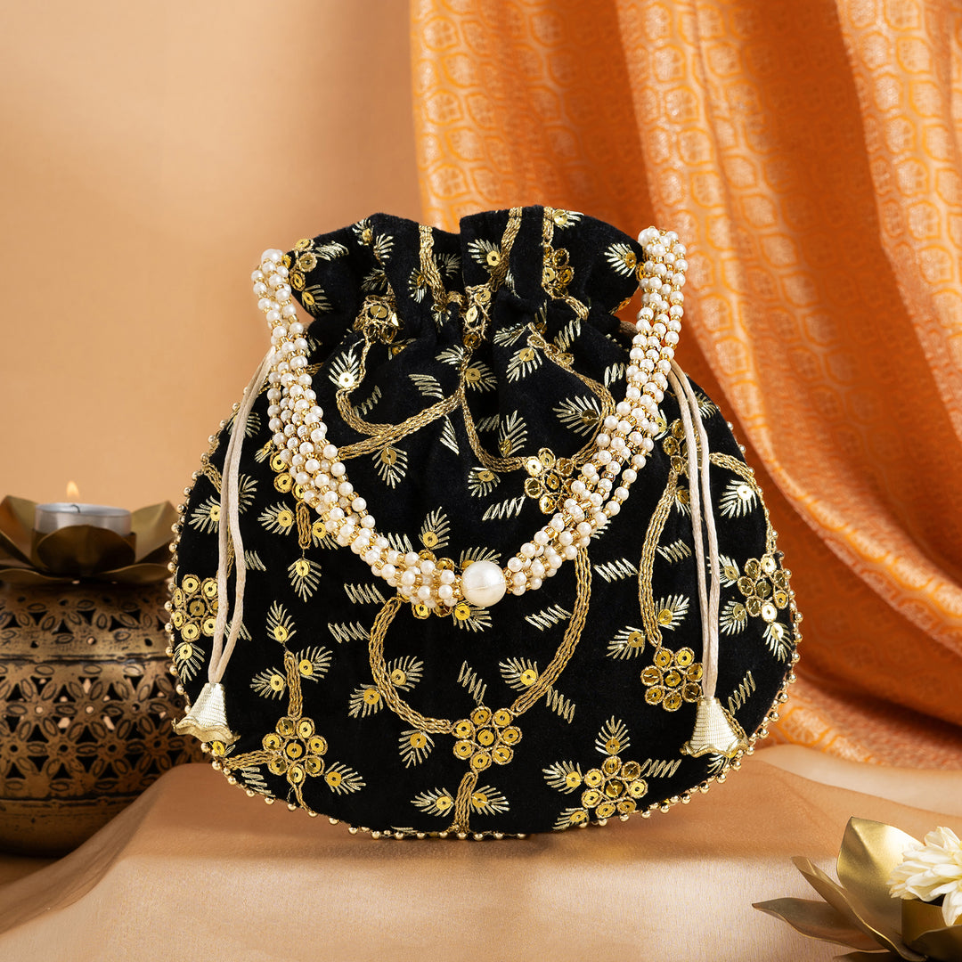 Phool Barsao Black Velvet Zari Sequence Potli Bag