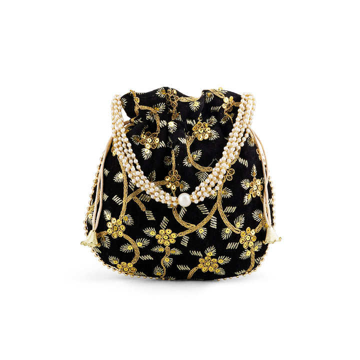Phool Barsao Black Velvet Zari Sequence Potli Bag