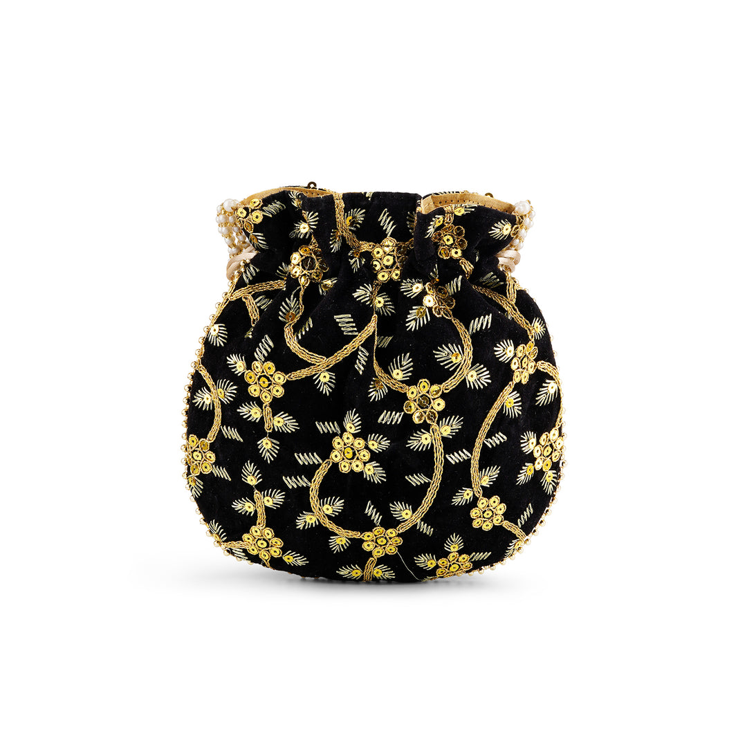 Phool Barsao Black Velvet Zari Sequence Potli Bag