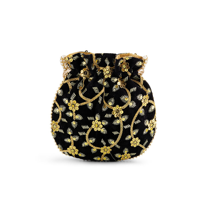 Phool Barsao Black Velvet Zari Sequence Potli Bag