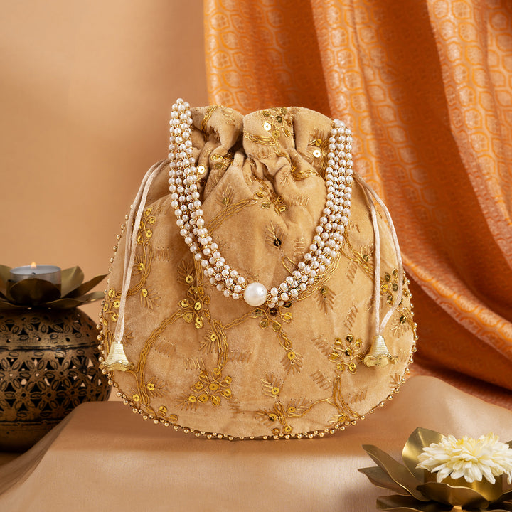 Phool Barsao Beige Velvet Zari Sequence Potli Bag