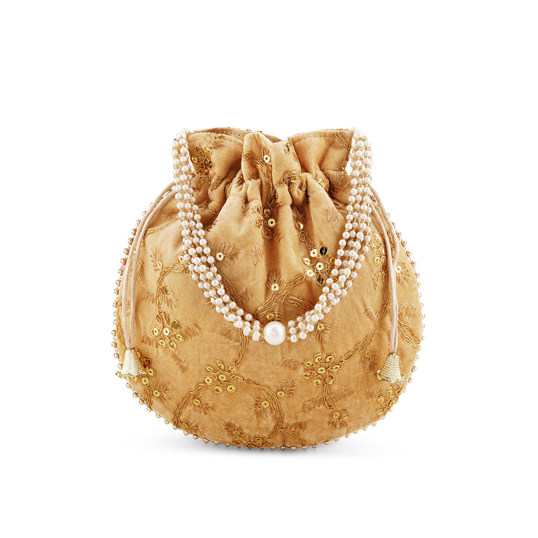 Phool Barsao Beige Velvet Zari Sequence Potli Bag