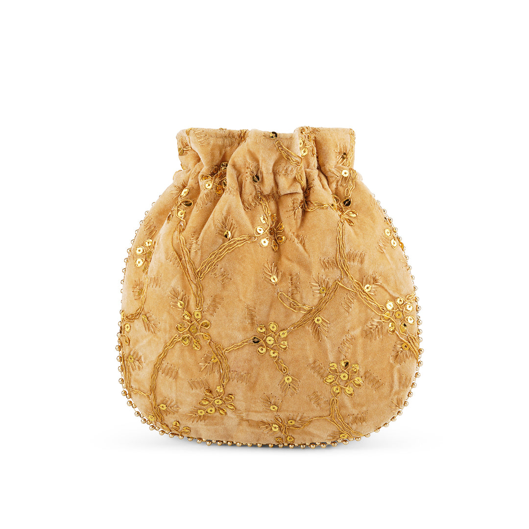 Phool Barsao Beige Velvet Zari Sequence Potli Bag