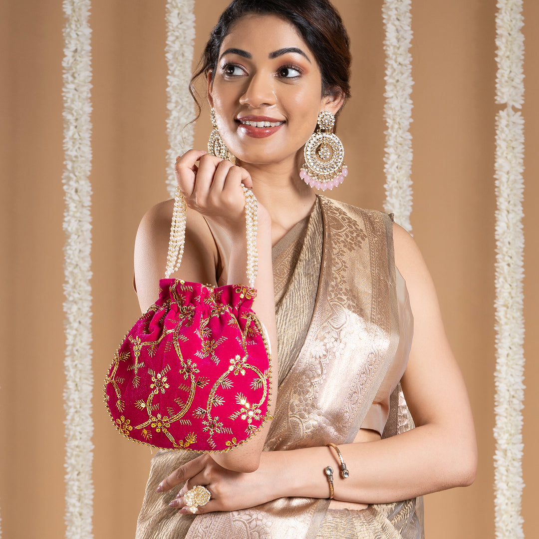 Phool Barsao Pink Velvet Zari Sequence Potli Bag