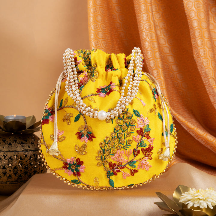 Mausam Mastana Embroidered Yellow Potli Bag