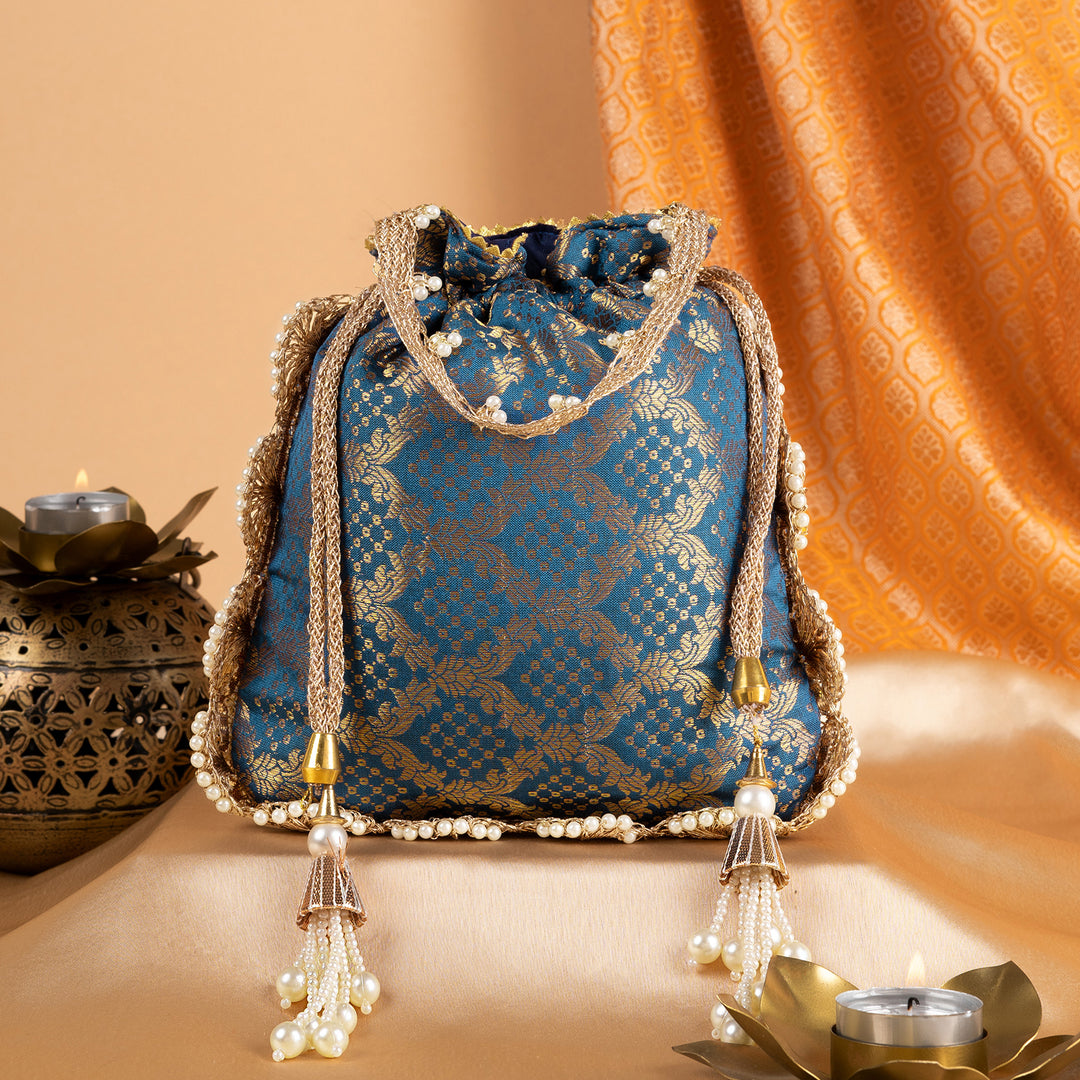 Neele Neele Ambar Blue Banarasi Print Potli Bag