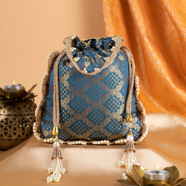 Neele Neele Ambar Blue Banarasi Print Potli Bag