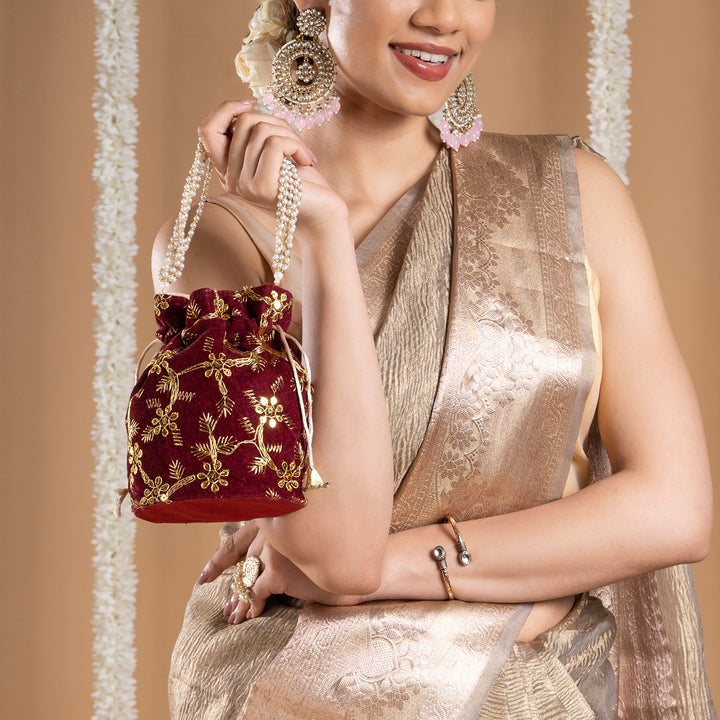 O Haseena Maroon Velvet Embroidered Potli Bag