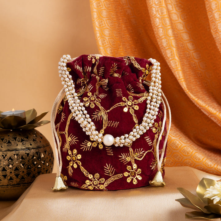 O Haseena Maroon Velvet Embroidered Potli Bag