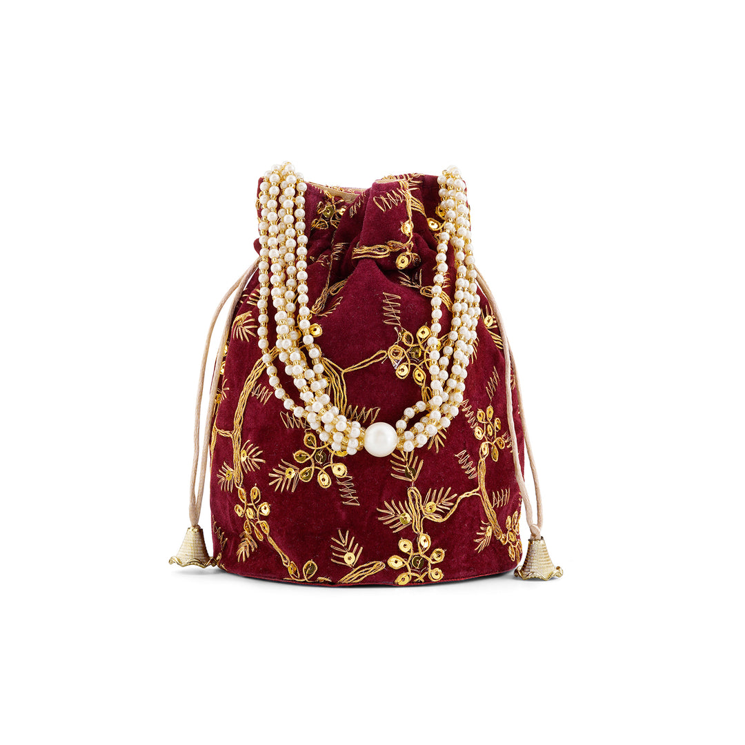 O Haseena Maroon Velvet Embroidered Potli Bag