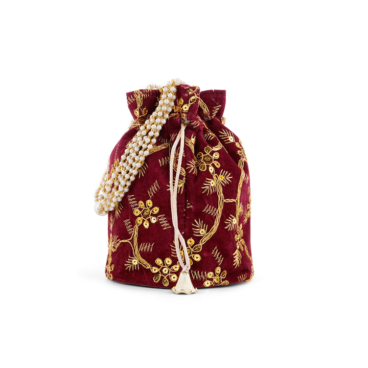 O Haseena Maroon Velvet Embroidered Potli Bag