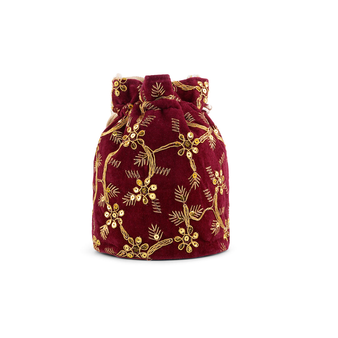 O Haseena Maroon Velvet Embroidered Potli Bag