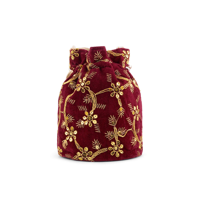 O Haseena Maroon Velvet Embroidered Potli Bag