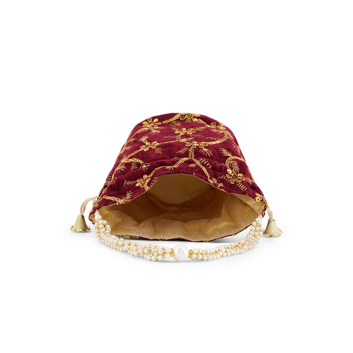 O Haseena Maroon Velvet Embroidered Potli Bag