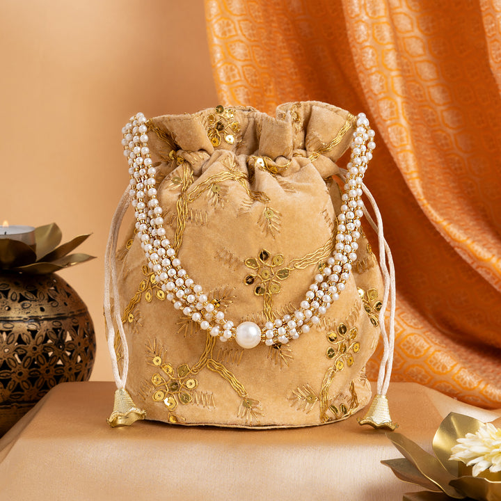 O Haseena Beige Velvet Embroidered Potli Bag