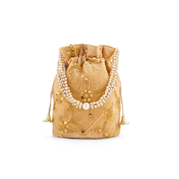 O Haseena Beige Velvet Embroidered Potli Bag
