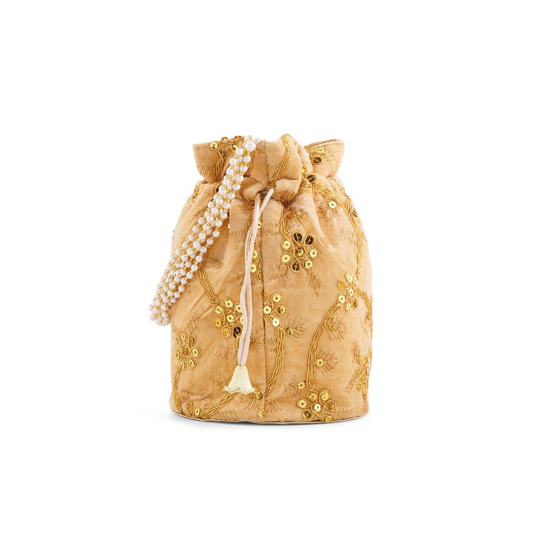 O Haseena Beige Velvet Embroidered Potli Bag