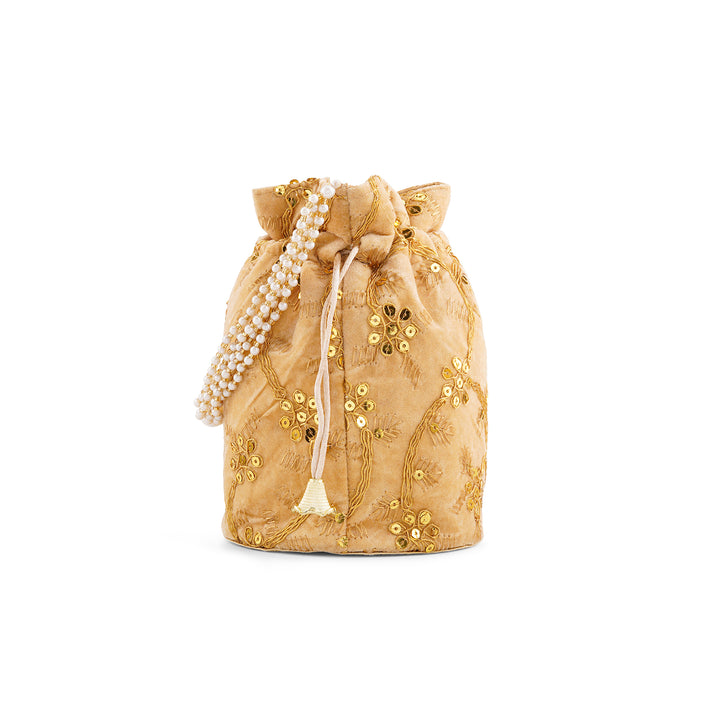 O Haseena Beige Velvet Embroidered Potli Bag