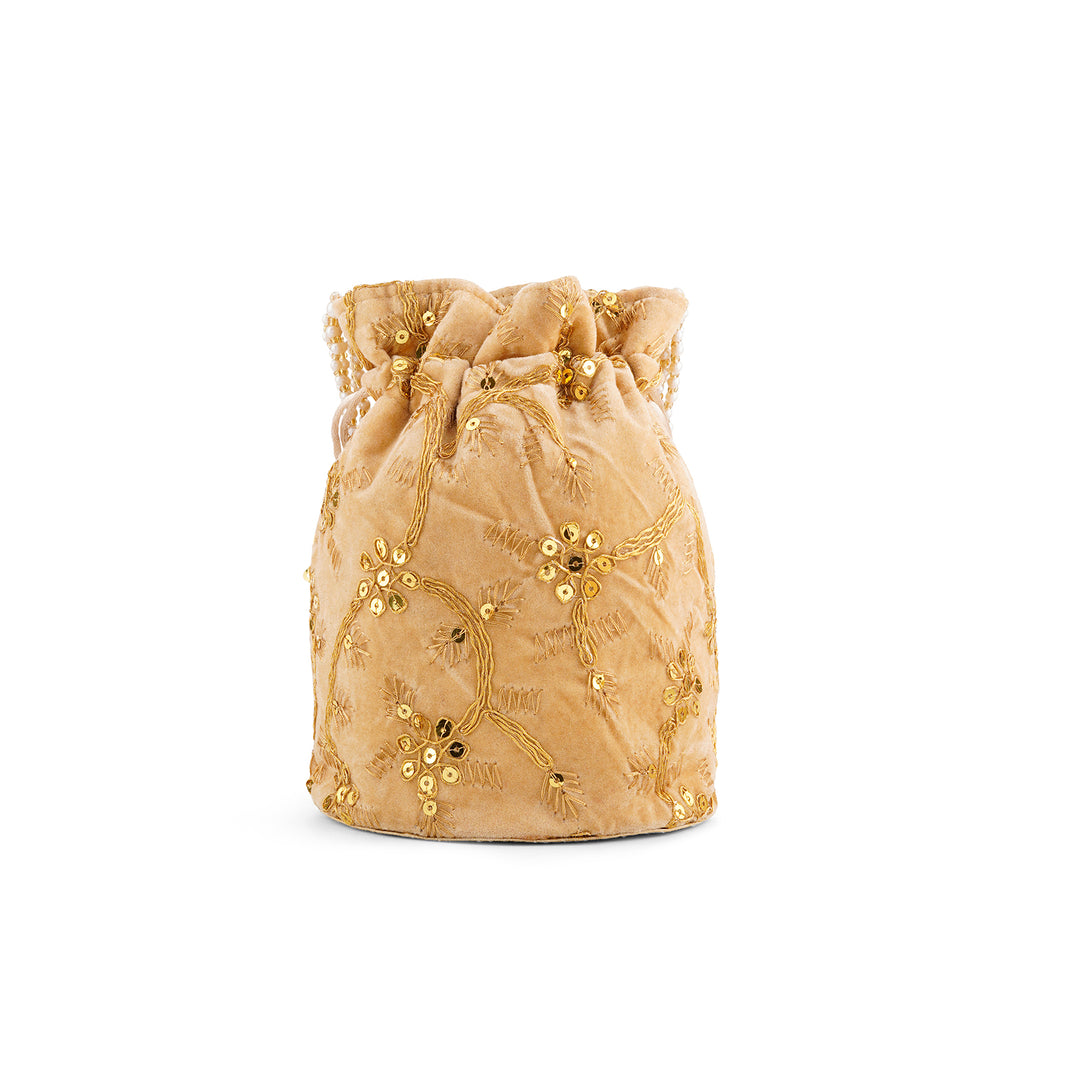 O Haseena Beige Velvet Embroidered Potli Bag
