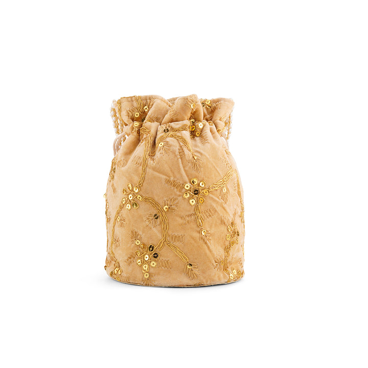O Haseena Beige Velvet Embroidered Potli Bag