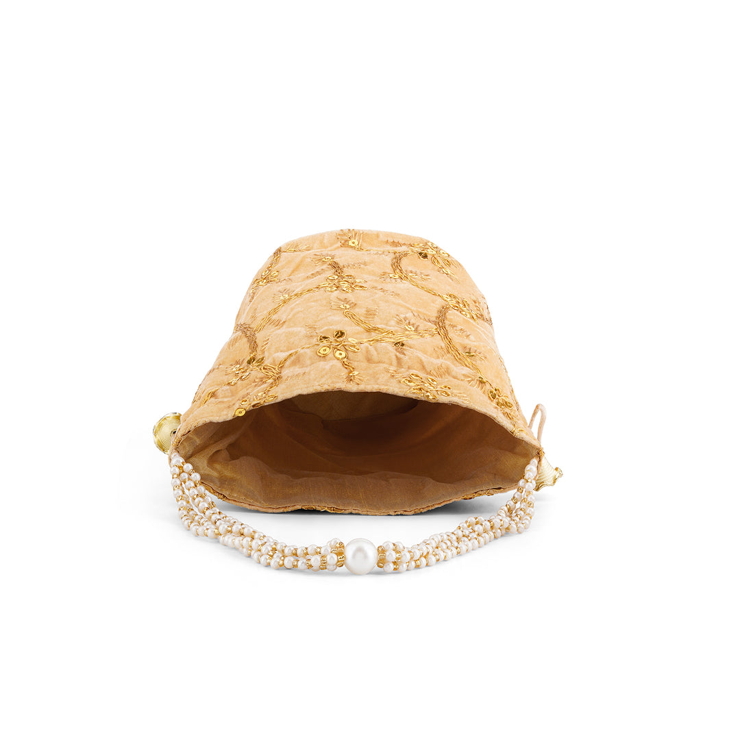 O Haseena Beige Velvet Embroidered Potli Bag
