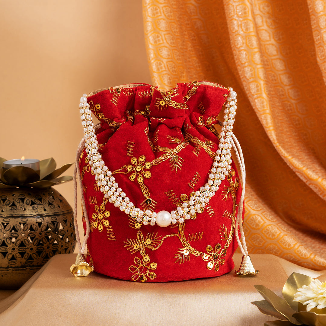 O Haseena Red Velvet Embroidered Potli Bag
