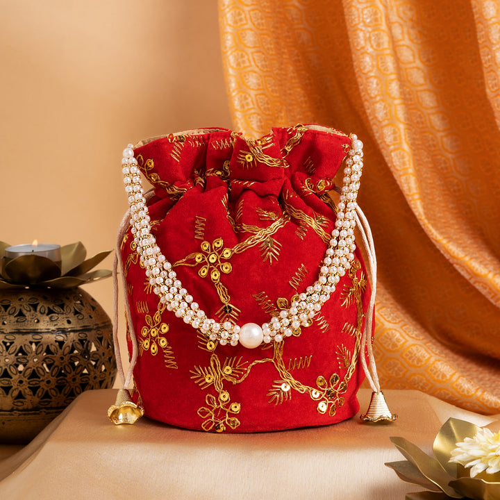 O Haseena Red Velvet Embroidered Potli Bag