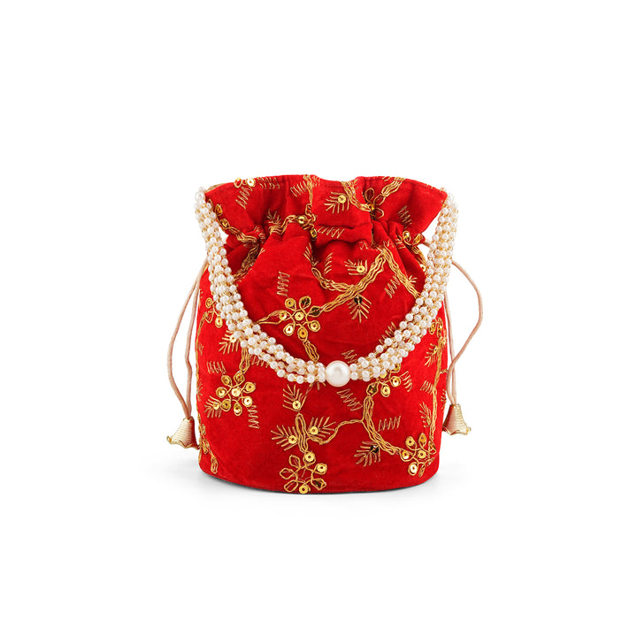 O Haseena Red Velvet Embroidered Potli Bag