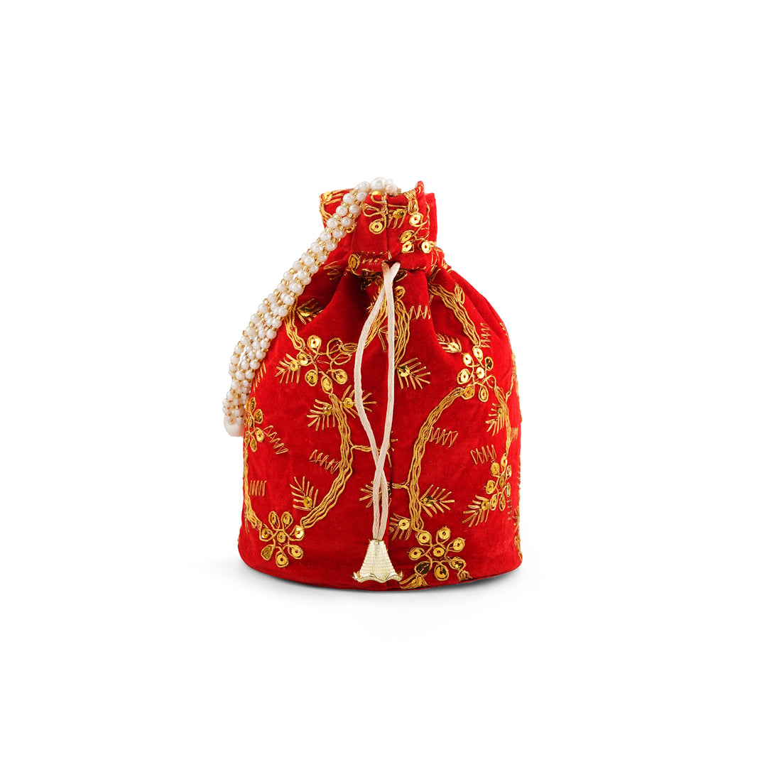 O Haseena Red Velvet Embroidered Potli Bag