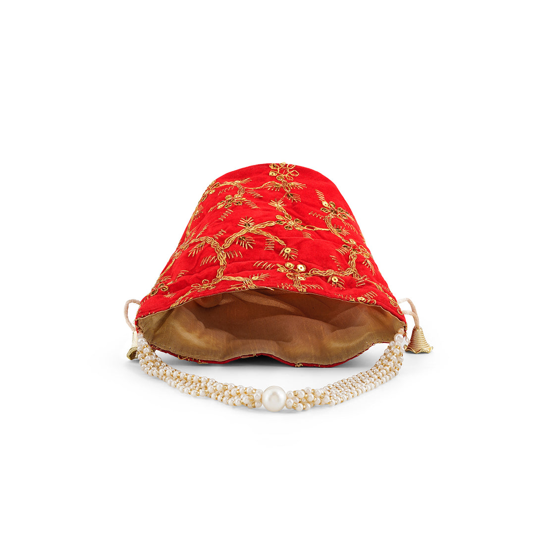 O Haseena Red Velvet Embroidered Potli Bag