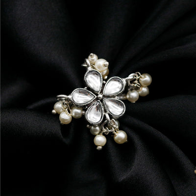 Yaksha Floral Polki Silver Oxidized Ring - Teejh