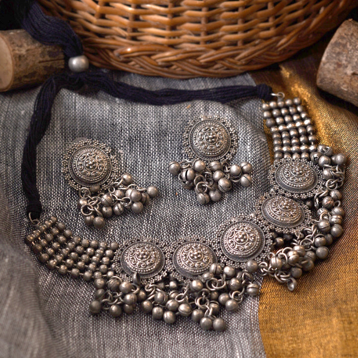 Teejh Kiva Silver Oxidised Ghungroo Necklace Set