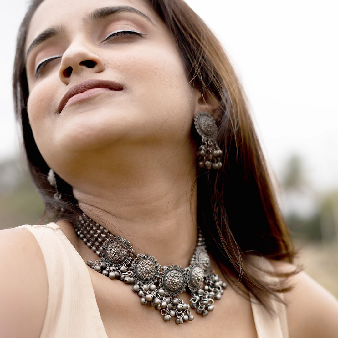Teejh Kiva Silver Oxidised Ghungroo Necklace Set