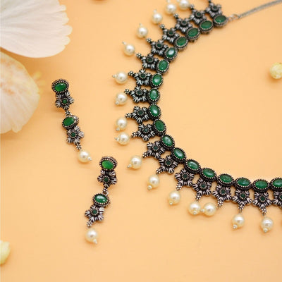 Ekladh Green Stone Silver Pearl Necklace Set - Teejh