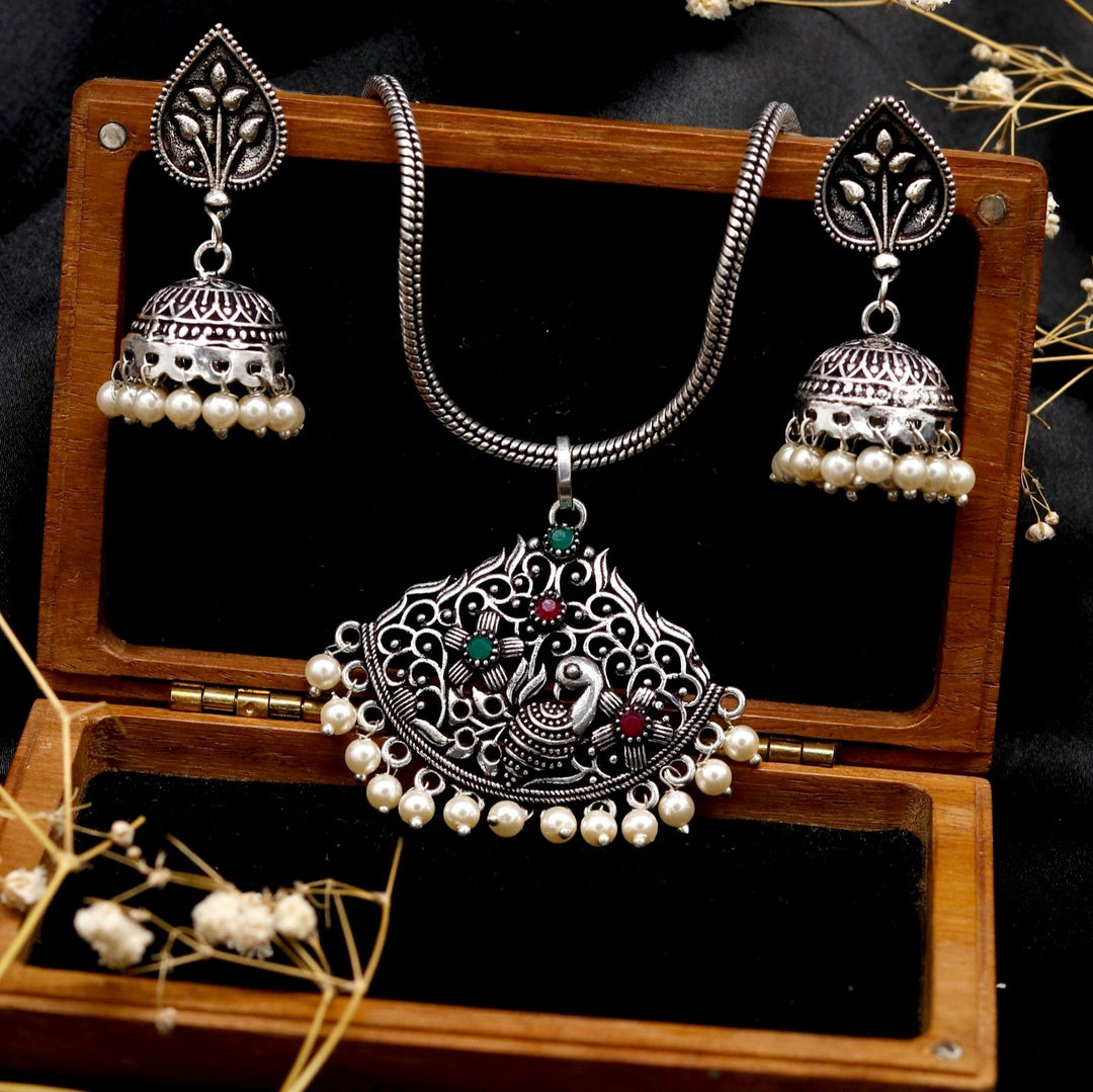Pavaki Multi Colored Silver Oxidized  Pendant Set - Teejh