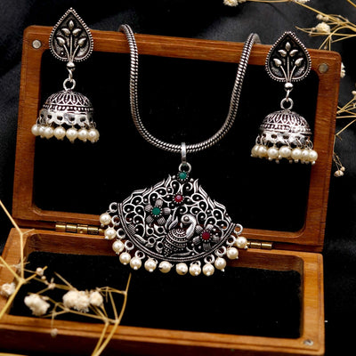 Pavaki Multi Colored Silver Oxidized  Pendant Set - Teejh