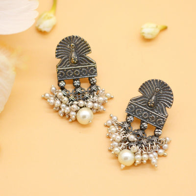 Antique Silver Peacock Pearl Earrings - Teejh