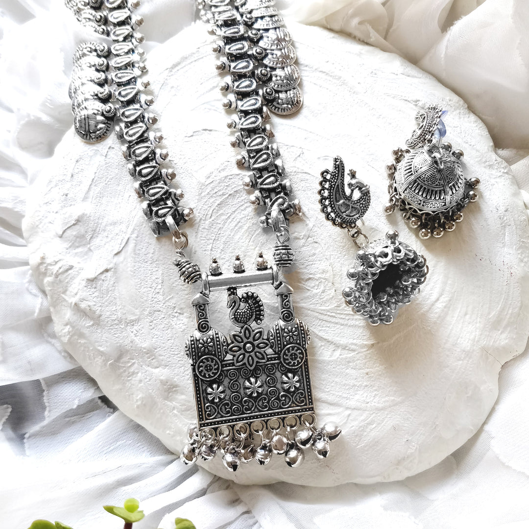 Kaveesha Silver Oxidized Peacock Necklace Set - Teejh