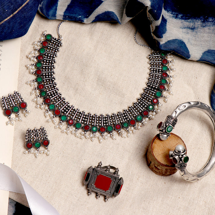 Teejh Kavya Multi colored Metallic Silver Oxidized Jewelry Gift Set