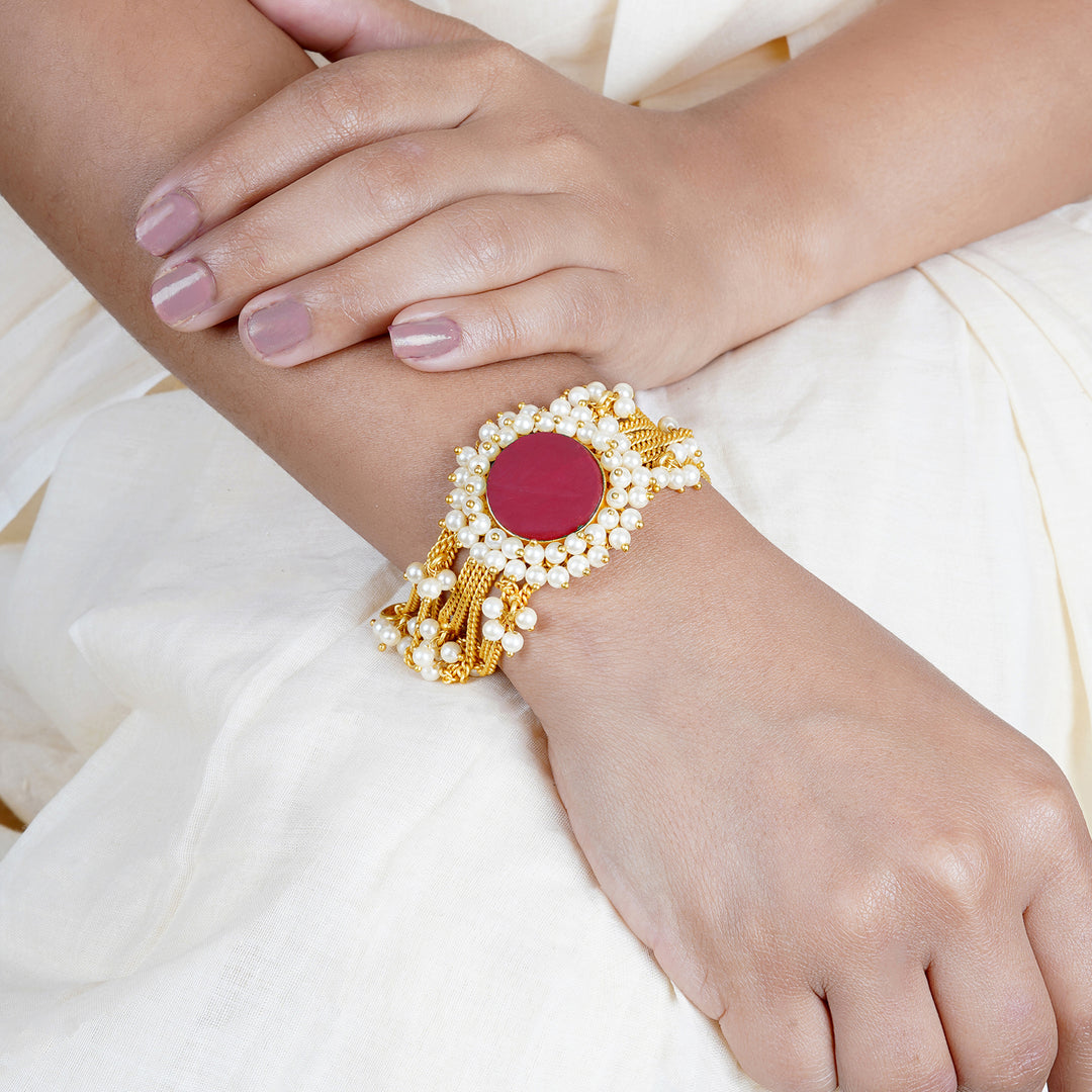 Teejh Eiravathi red Studded layered chain pearl bracelet