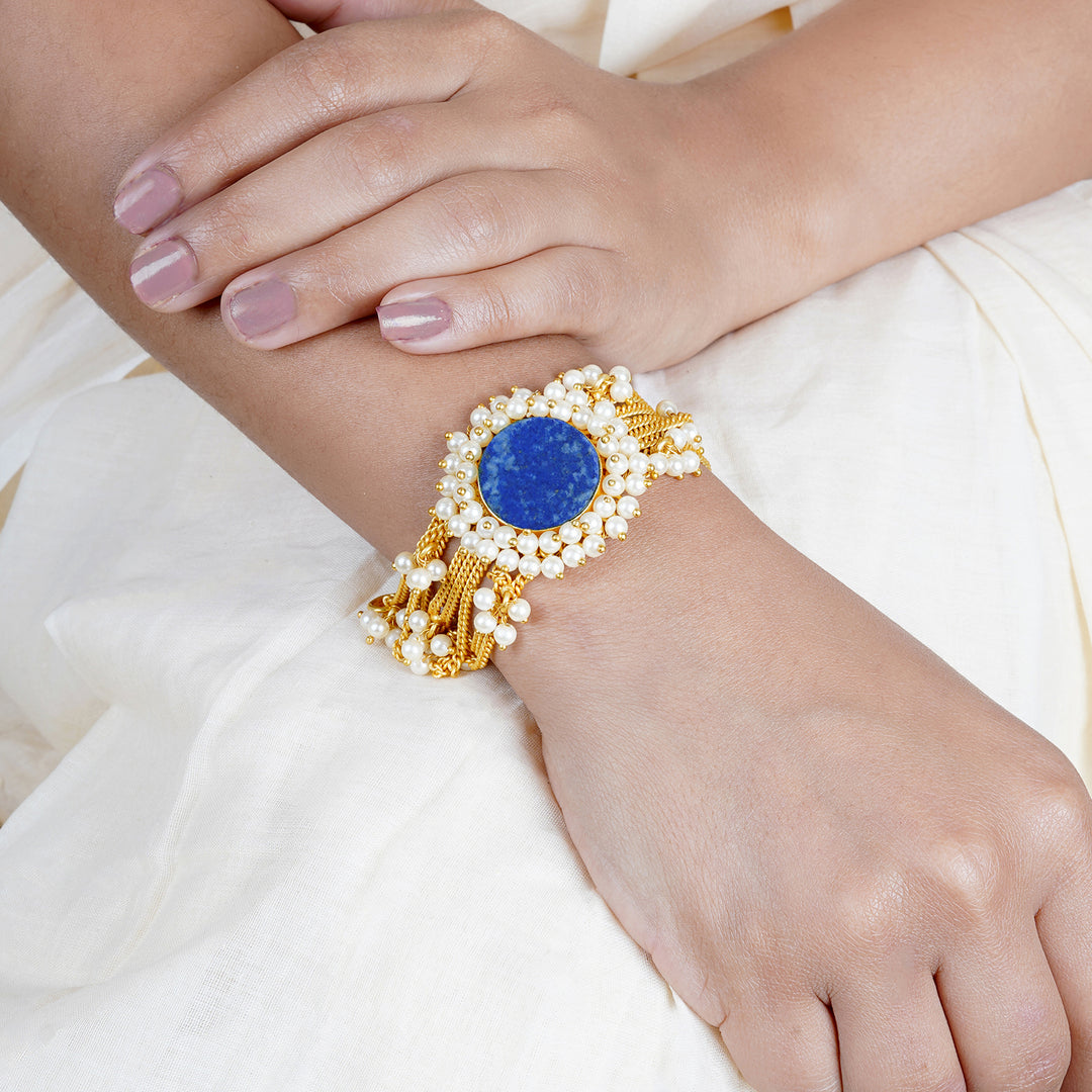 Teejh Eiravathi Blue Studded Layered Chain Pearl Bracelet