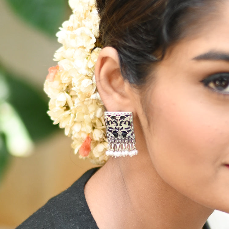 Miniature Black Enamel Silver Earrings - Teejh