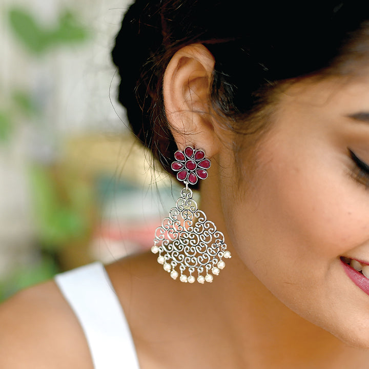 Jali Red Filigree Pearl Earrings - Teejh