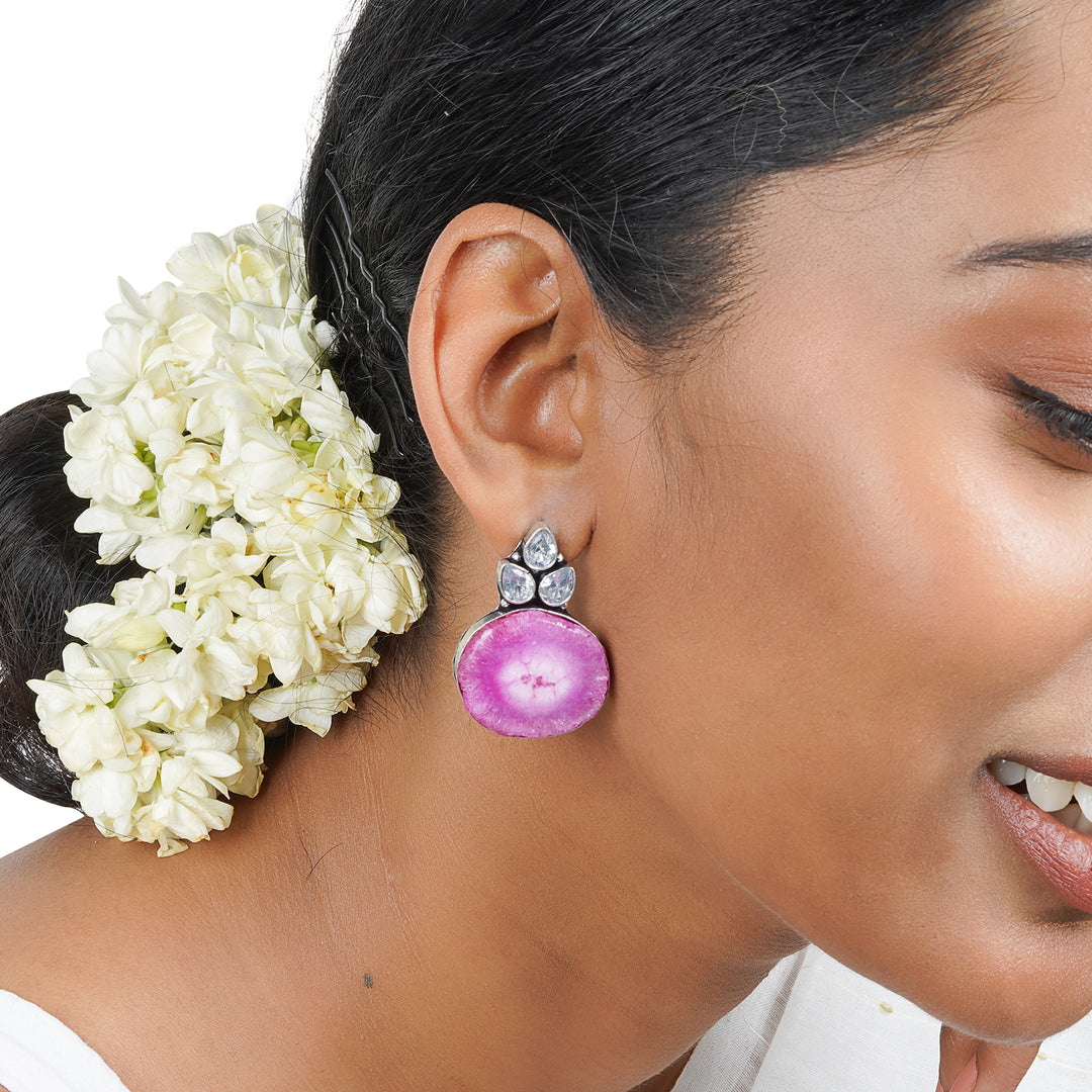 Teejh Harika Magenta Pink Silver Oxidised Earring