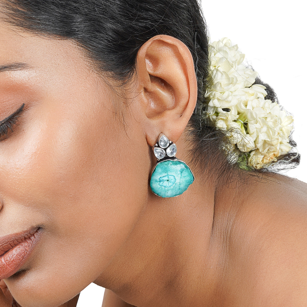 Teejh Harika Sea Blue Silver Oxidised Earring