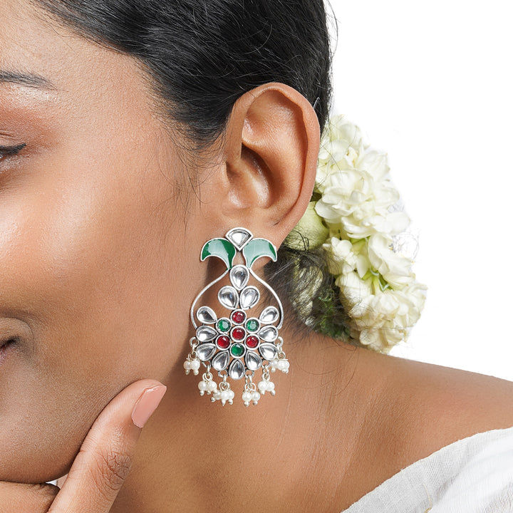 Teejh Sunehri Green Red Silver Oxidised Earring