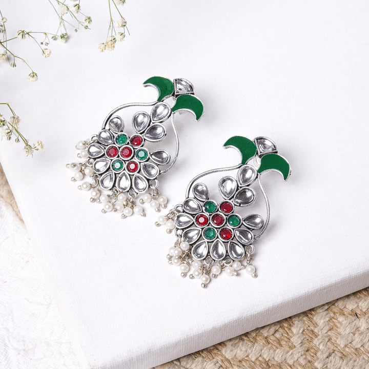 Teejh Sunehri Green Red Silver Oxidised Earring
