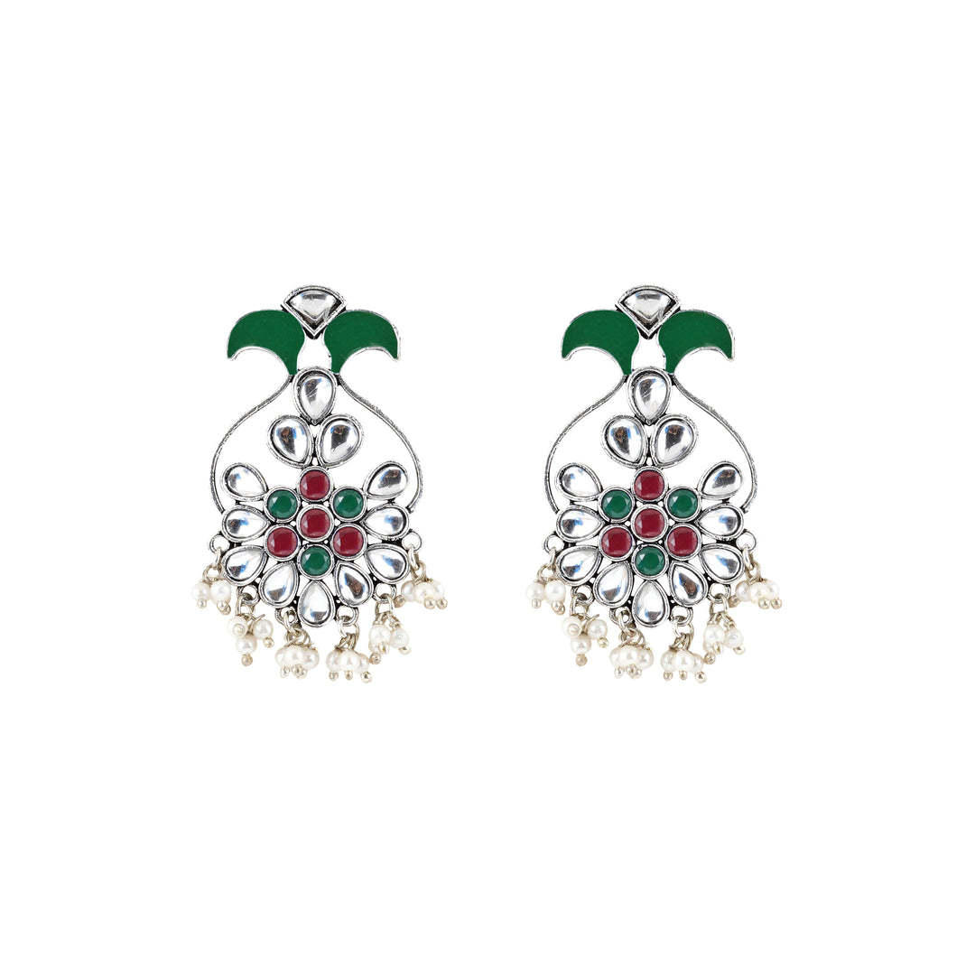 Teejh Sunehri Green Red Silver Oxidised Earring